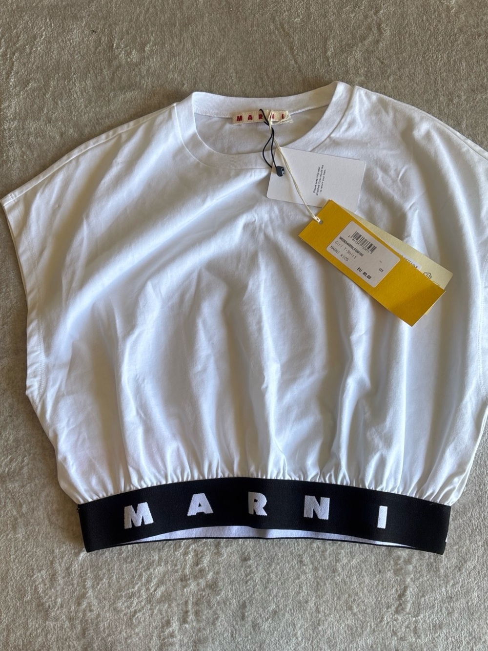 Marni White Short Sleeve Cropped Tee with Black Logo Band